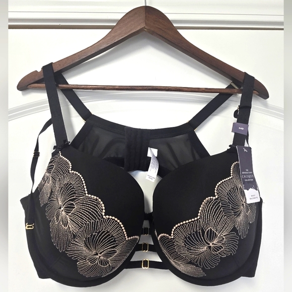 NWT Cacique Boost Balconette Black Gold Embroid Padding Bra C657 F5743 SIZE 44D - Picture 1 of 8